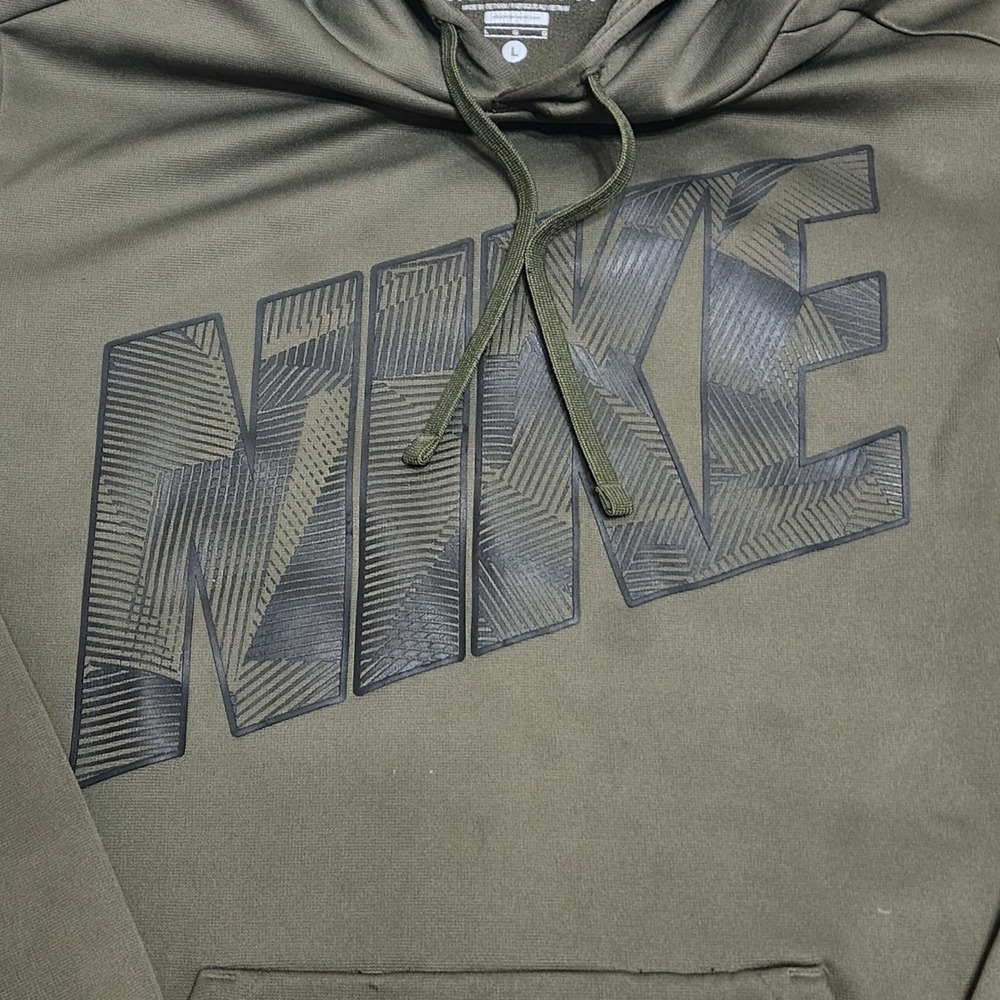 Nike Therma FIT Hoodie Mens L Olive Green Pullover Sweatshirt Distressed Gym - Picture 5 of 13